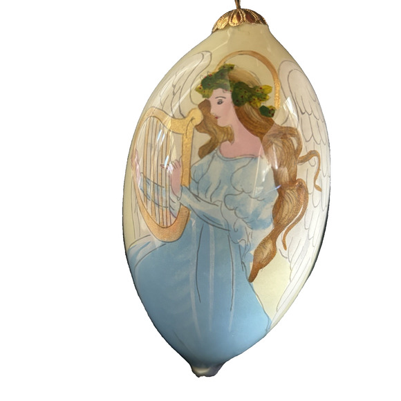 Reverse Hand Paint Christmas Ornament Angel & Harp Pier 1 Li Bien Original Box - Picture 1 of 14